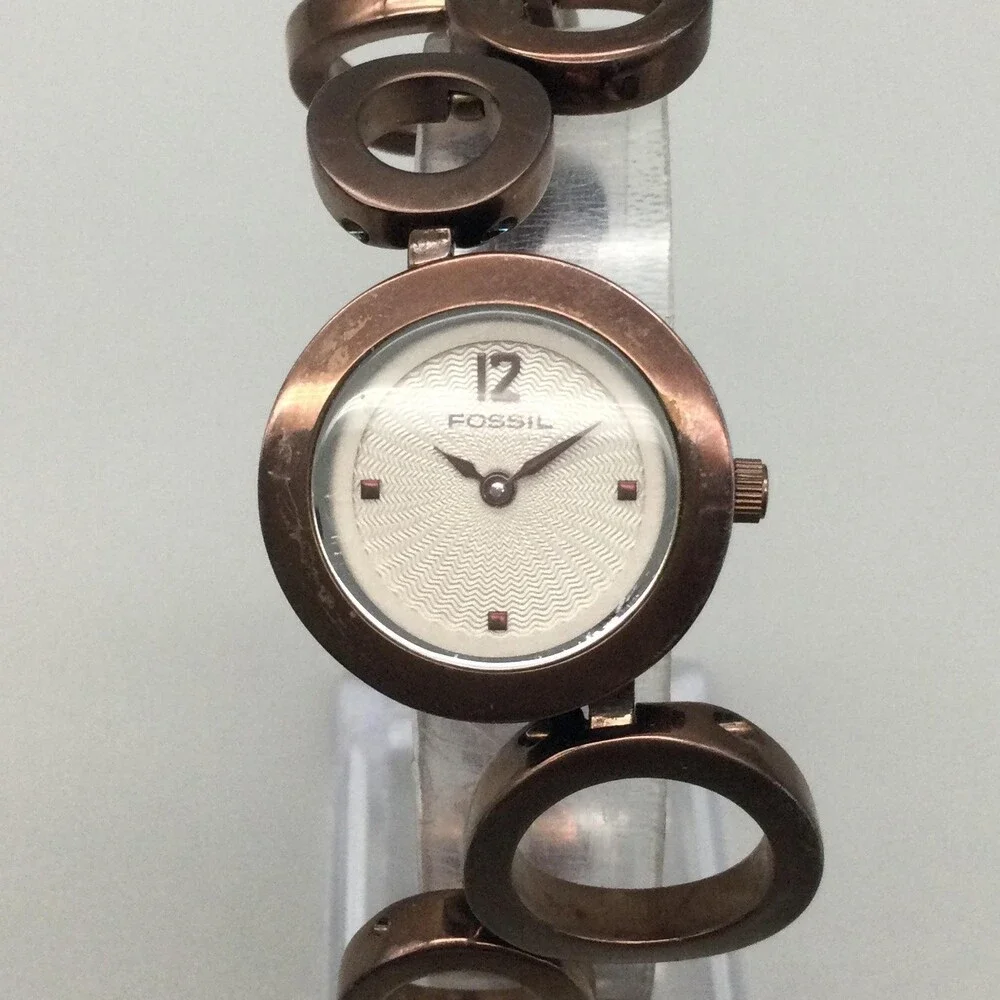 Fossil F2 ES-1816 Womens 25mm Watch White Dial Brown Steel Bracelet New Battery